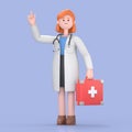 3D illustration of Female Doctor Nova holds red case first aid kit.Medical presentation clip art isolated on blue background. Royalty Free Stock Photo