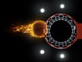 3D illustration of fiery basketball ball flying to hoop on black background