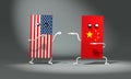 3d illustration Fight between funny flags of USA and China