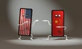 3d illustration Fight between funny phones USA and China. Boxing vs. Kung Fu