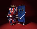 3d illustration. The flag of Europe strikes with a sword the flag of the United Kingdom in duel. Treacherous blow