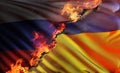 3D illustration of the flag of Ukraine and Russia burnt by the hot flames of wildfires.