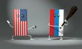 3d illustration The flag of the USA fights with the flag of Russia. Sword against the club
