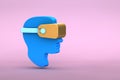 3d illustration of flat lay modern minimal man head in golden virtual reality glasses icon with shadow on pastel colored pink
