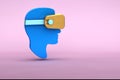 3d illustration of flat lay modern minimal man head in golden virtual reality glasses icon with shadow on pastel colored pink