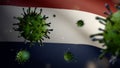 3D illustration Flu coronavirus floating over Dutch flag. Netherlands Covid 19 Royalty Free Stock Photo