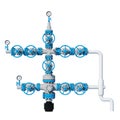 3d illustration Fountain gas fittings natural gas production Grey Blue. Front view, facade