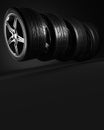 3d illustration. Four car wheels on black background. Poster or cover design.