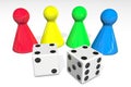 3d illustration: Four colored plastic board game pieces with reflection and two white dice with black dots isolated Royalty Free Stock Photo