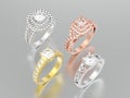 3D illustration four different gold or silver decorative diamond