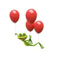 3D Illustration Frog Flies on Red Balloons