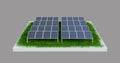3d illustration front view of a stylized solar farm, solar battery system. a square with a green lawn.