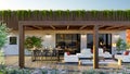 3d illustration front view of wooden pergola on private terrace