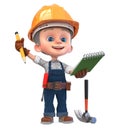 3D illustration funny boy in construction helmet and overalls Royalty Free Stock Photo