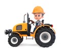 3D illustration of a funny boy in a construction helmet and overalls on a tractor Royalty Free Stock Photo