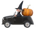 3d illustration funny fairy-tale wizard with a hat on his car