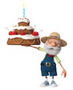 3d illustration funny farmer with a big cake