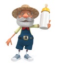 3d illustration funny farmer with a bottle for feeding baby