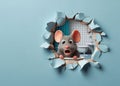 3d illustration of a funny mouse in the bathroom shocked by hole in the wall