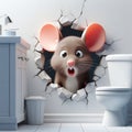 3d illustration of a funny mouse shocked by hole in the wall in bathroom