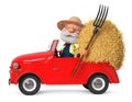 3D illustration funny old grandfather of the farmer on car