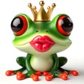 3d illustration of a funny red eyed tree frog with a crown waiting for a kiss