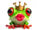 3d illustration of a funny red eyed tree frog with a crown waiting for a kiss