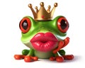 3d illustration of a funny red eyed tree frog with a crown waiting for a kiss on valentines day