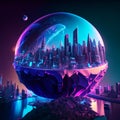 3D illustration. Futuristic city landscape with skyscrapers and planet. generative AI