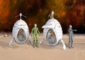 3D Illustration of Futuristic Cyborg Androids Landing on Distant Planet