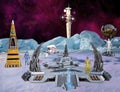 3D illustration of futuristic space base Inhabited with AI Robots