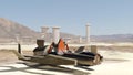 3d illustration of a futuristic speeder bike in a desert environment with a primitive city in the background - fantasy painting