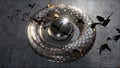 Futuristic technology as a torus object attacked by a flock of thousands of birds