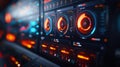 3D illustration of futuristic UI, multi-screen setup, data visualizations, vibrant neon elements