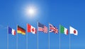 3D illustration. G7 flags Silk waving flags of countries of Group of Seven : Canada, USA states, Germany, Italy, France, Japan, UK