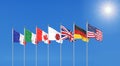 3D illustration. G7 flags Silk waving flags of countries of Group of Seven : Canada, USA states, Germany, Italy, France, Japan, UK