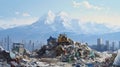 3D illustration of a garbage dump with a mountain in the background, Generative AI illustrations