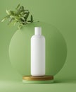 3D illustration geometric pedestal with cosmetic bottle presentation and leaves. Abstract background. Mockup.