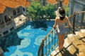 3d illustration of a girl on the balcony with a swimming pool, A tourist woman, seen from the rear, in a swimming pool, enjoys the