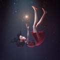 3d illustration of a girl in a retro dress falling down in deep space with stars. Young cartoon woman hovering in air.