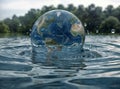 3d illustration of a globe is sinking in a lake, surrounded by ripples and bubbles.