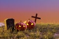 3D Illustration , Glowing Halloween pumpkins among the graves