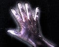 3D-Illustration of a glowing human female hand with a kirlian aura showing different symbols Royalty Free Stock Photo