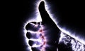 3D-Illustration of a glowing human male hand with a kirlian aura showing symbols