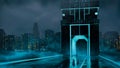 3d illustration of a glowing sci-fi gate leading to a futuristic city - digital fantasy painting