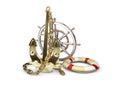 3D Illustration of gold anchor with ship wheel and Lifebuoy, on a white background Royalty Free Stock Photo