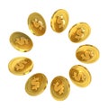 3D illustration of gold coin in circle for composition. Dollar currency in 3D representation