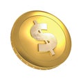 3D illustration of a gold dollar coin at a tilted angle. Coins in 3D representation