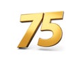 3D illustration of a gold number 75 and its shadow isolated on a white background