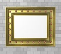 3d illustration. Gold picture frame with gems on a brick wall background Royalty Free Stock Photo